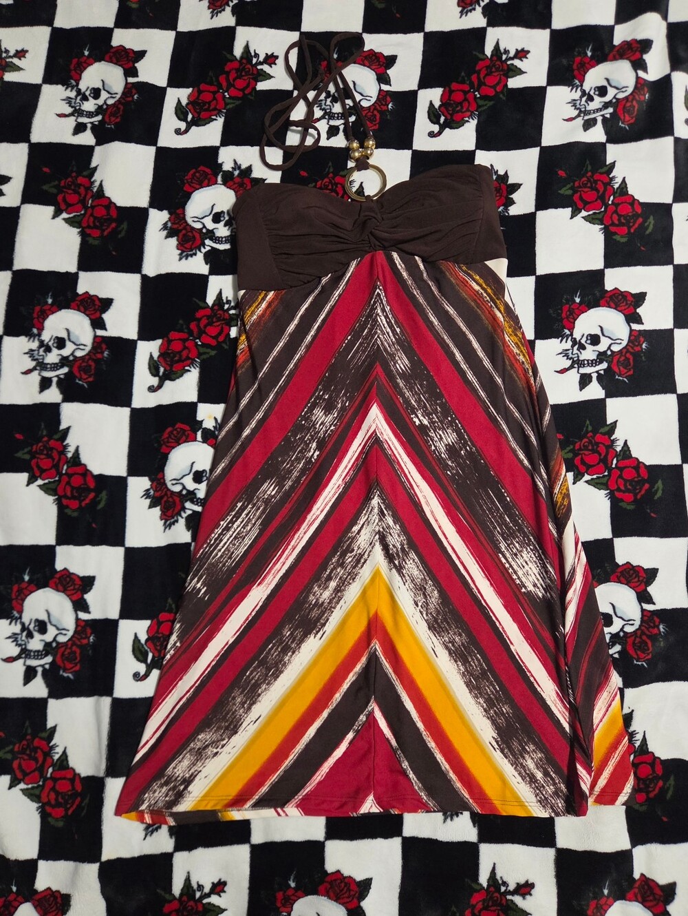 HeartSoul Strapless Chevron Dress in Brown, Red, Yellow, Cream